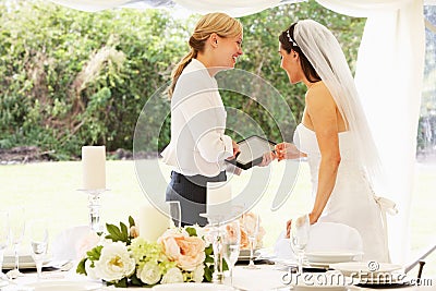 Bride With Wedding Planner In Marquee Stock Photo