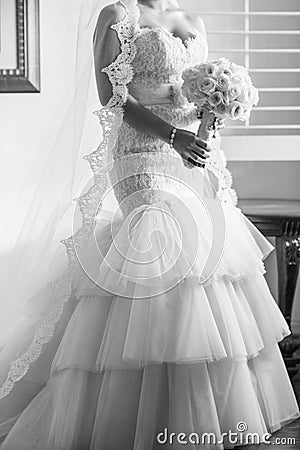 Bride with White Rose Wedding Bouquet Stock Photo