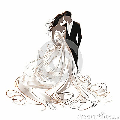 Continuous Line Wedding Portrait With Soft Brush Strokes And Elaborate Costumes Cartoon Illustration