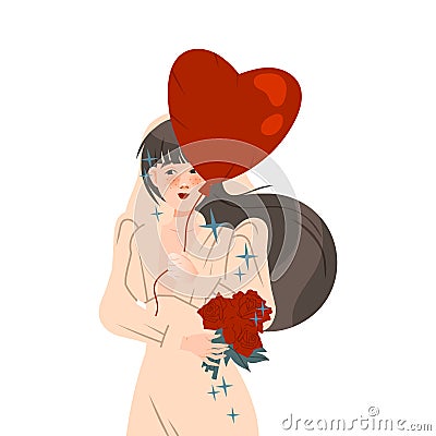 Bridegroom, beautiful young woman holding red heart shape balloon and bouquet of flowers vector illustration Vector Illustration