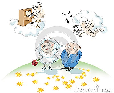 A bridegroom and a bride with angels Stock Photo