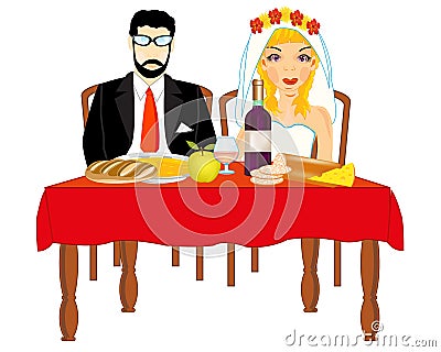 Bridegroom and bride at the table Cartoon Illustration