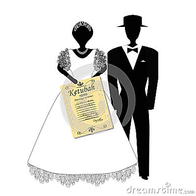 The bridegroom in the hat and the bride is holding Ktuba Hebrew in translation of the marriage contract. Jewish wedding Vector Illustration