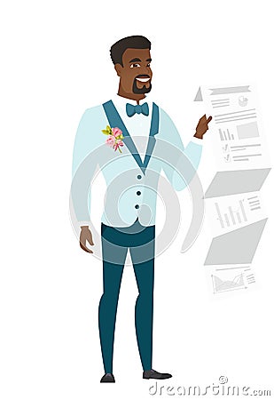 Bridegroom showing a document with presentation. Vector Illustration