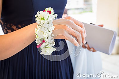 Bridesmaids with elegant flower bracelet Stock Photo