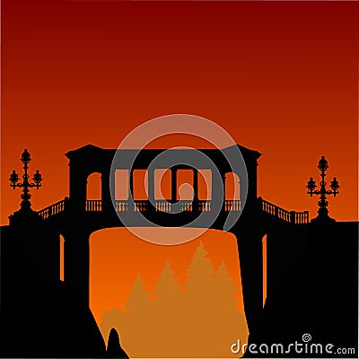 Bridge above precipice and orange sunset Vector Illustration