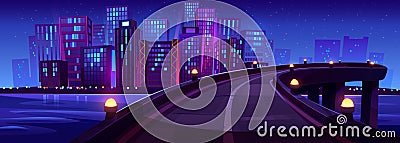Bridge above river and city skyline at night Vector Illustration