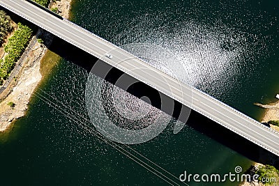 Bridge across reservoir, aerial shot. Spain Stock Photo