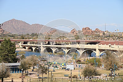 USA, Arizona/Tempe: Beach Park and Mill Avenue Bridge Stock Photo