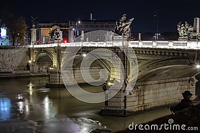 Bridge of Angels near to Sant` Angelo Castel and Vatican City with view of Tiber River. View in the nigth. Stock Photo