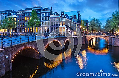 Bridge Blue hour arch over canal Stock Photo