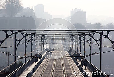 Bridge, brig, causeway, infinite, endless, boundless, infinitive, ilimitable, mist, fog, haze, cloud, blur, city, skyline, oporto, Stock Photo