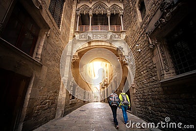 Bridge between buildings in Barri Gotic quarter of Barcelona Editorial Stock Photo