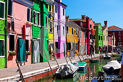 Bridge and canal with colorful houses on island Burano, Italy Editorial Stock Photo