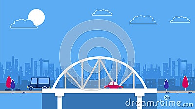 A bridge on the city sky scrapers background. Red retro style cars. Vector. Blue and red color scheme Stock Photo