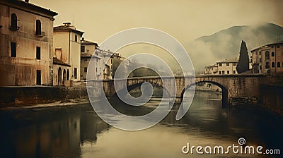 Eerie Polaroid: Vintage Italian Cityscape With An Old Bridge Stock Photo