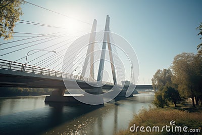 Bridge crossing river over trees and pylons, created using generative ai technology Stock Photo
