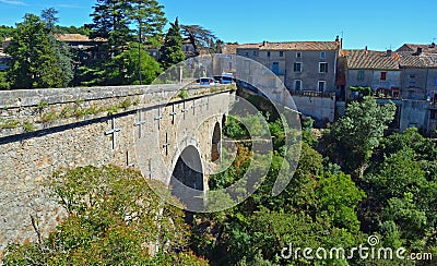 Bridge entering the village of Montolieu Aude Languedoc - Roussillon France. Stock Photo