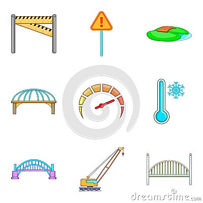 Bridge erection icons set, cartoon style Vector Illustration