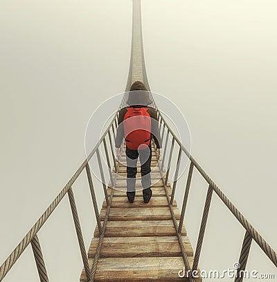 Traveler with a backpack standing on a bridge in the fog Cartoon Illustration