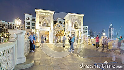 Bridge and fountains with Burj Khalifa day to night transition, Dubai, Emirates timelapse Editorial Stock Photo