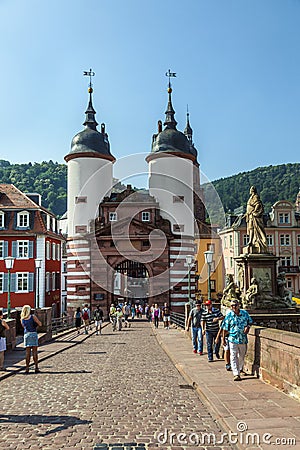 Bridge gate to the Old Bridge in Heidelberg Editorial Stock Photo