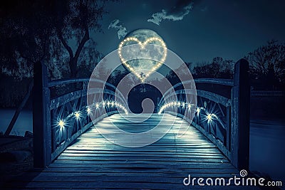 Bridge With Heart Shaped Light, Symbol of Love Illuminates Urban Landscape, A moonlit bridge with heart-shaped lights casting Stock Photo