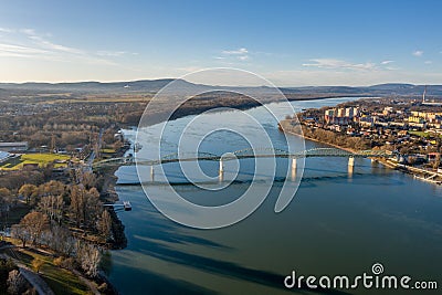 Bridge between Hungary and Slovakia from drone view Stock Photo