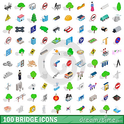 100 bridge icons set, isometric 3d style Vector Illustration