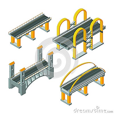 Bridge isometric. City expressway roadway cabling urban auto infrastructure viaduct 3d vector low poly collection Vector Illustration