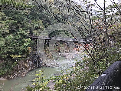 Bridge at Kinugawa Ryuokyo valley. Stock Photo