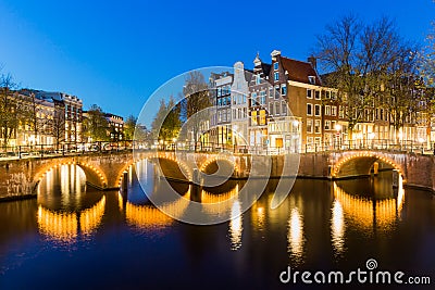 A bridge with lights over the Keizersgracht Canal Stock Photo