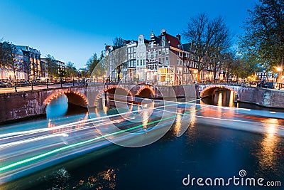 A bridge with lights over the Keizersgracht Canal Stock Photo