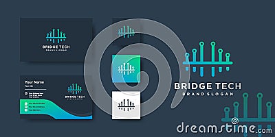 Bridge logo with technology concept and business card design, creative, computer, Premium Vector Vector Illustration