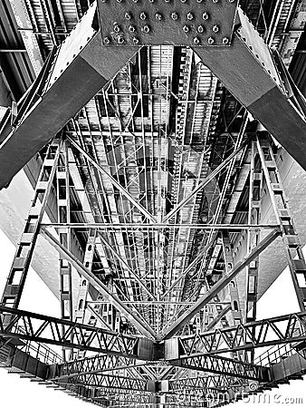 Bridge metal construction. Fragment of the metal structure of the bridge Stock Photo