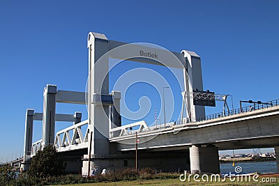 Bridge named Botlekbrug on motorway A15 in the Botlek harbor in Rotterdam, The Netherlands Editorial Stock Photo