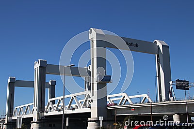 Bridge named Botlekbrug on motorway A15 in the Botlek harbor in Rotterdam, The Netherlands Editorial Stock Photo