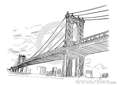 Bridge, New York. USA. Hand drawn. Vector illustration. Vector Illustration