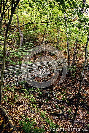 Bridge in Purgatory Chasm State Reservation on trail Berkshires, Massachusetts USA Autumn Stock Photo