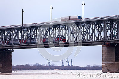 Bridge over Amur river in Khabarovsk Stock Photo