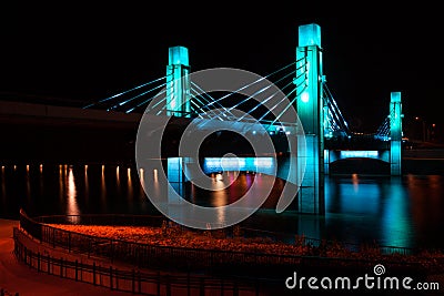 Bridge over Brazos River illuminated by LED in Waco, Texas / Light painted bridge Stock Photo
