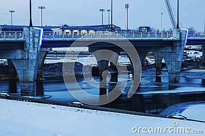 Bridge over frozen Des Moines River Stock Photo