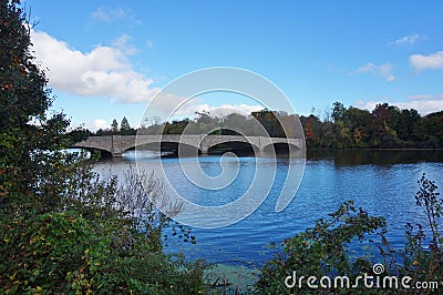 Bridge over Lake Carnegie in Princeton, NJ in the fall Stock Photo