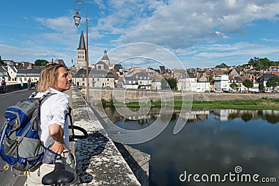 Bridge over Loire with Tourist Editorial Stock Photo