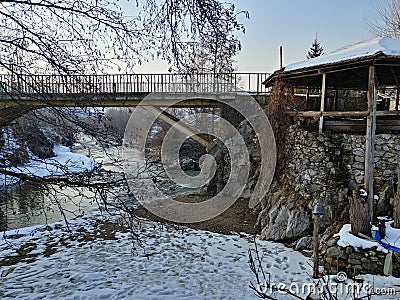 Bridge over a river in etno village Stock Photo