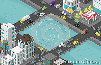 Bridge over river Isometric city. Two bridges. Town houses district street. Cars end buildings. Cityscape infrastructure. Urban Cartoon Illustration