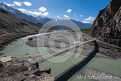 Bridge over river, Landscape from Karakoram Highway, Gilgit Baltistan, north of Pakistan Stock Photo