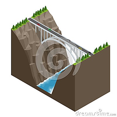 Bridge over the river in the mountains. Bridge construction flat isometric vector illustration. Vector Illustration