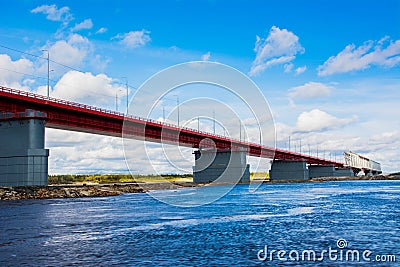 The bridge over the river Nadym. Yamal Stock Photo