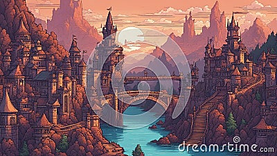 bridge over the river at sunset anime A pixel art illustration of a fantasy cityscape at dawn with castles, castle Cartoon Illustration